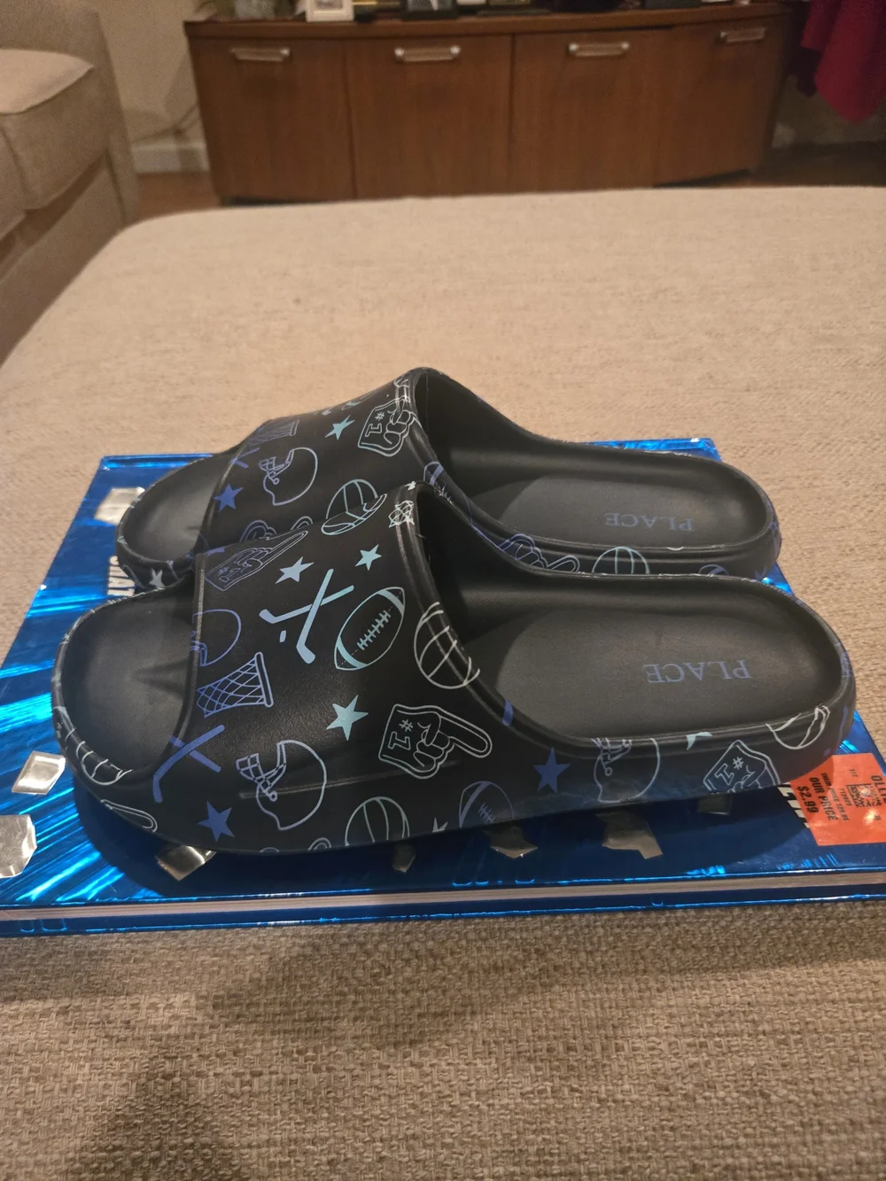 The Children's Place Black & Light Blue Sports Print Slide Sandals